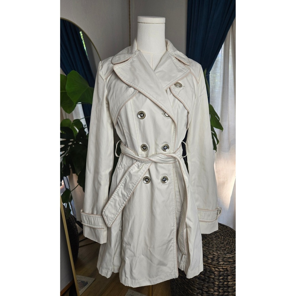 Dawn Levy New York Trench Coat XS Beige Brown‎ Trim Belted Double Breasted